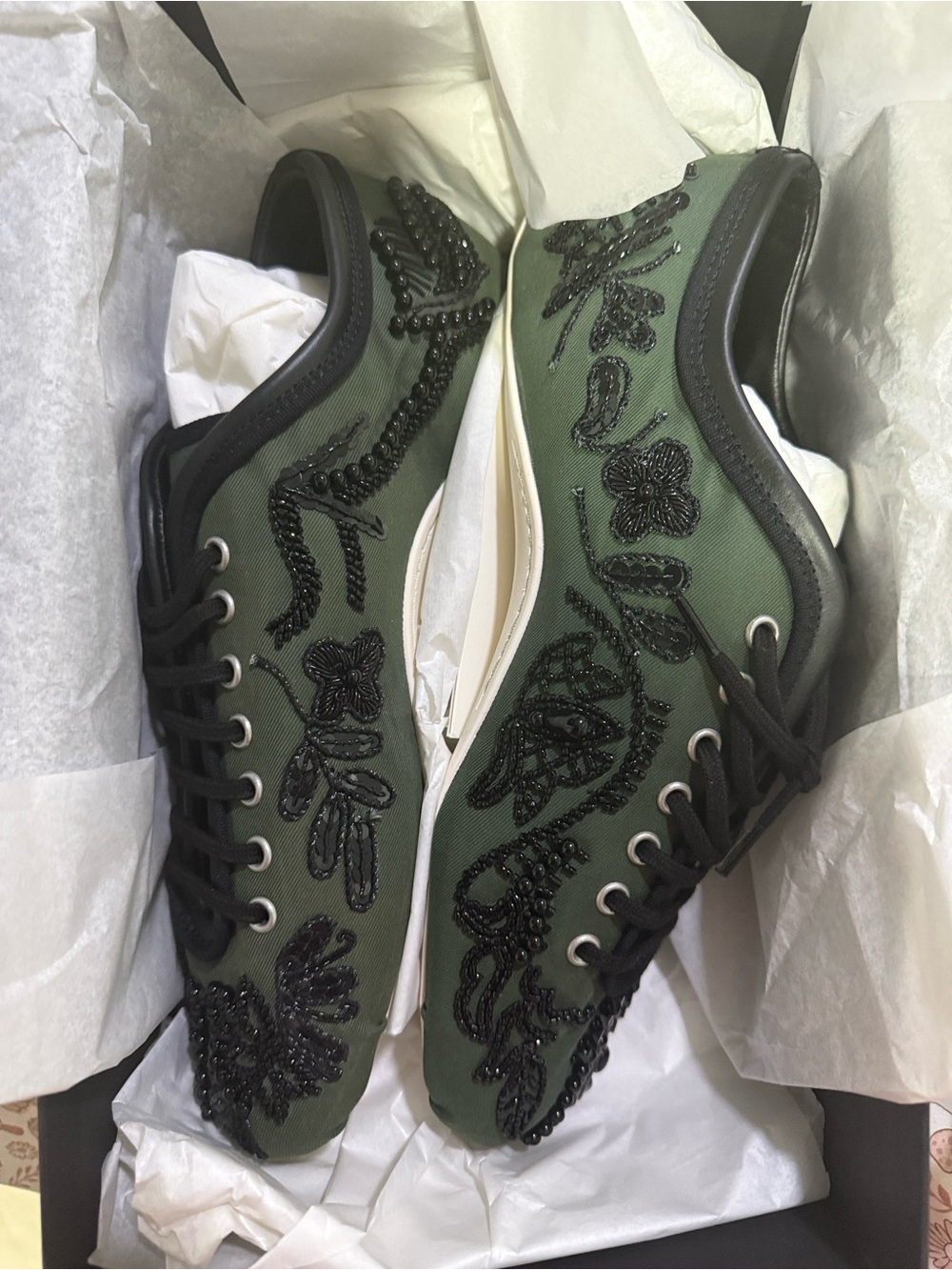 Dries Van Noten Olive Green Canvas Sneakers with Black Bead Embroidery